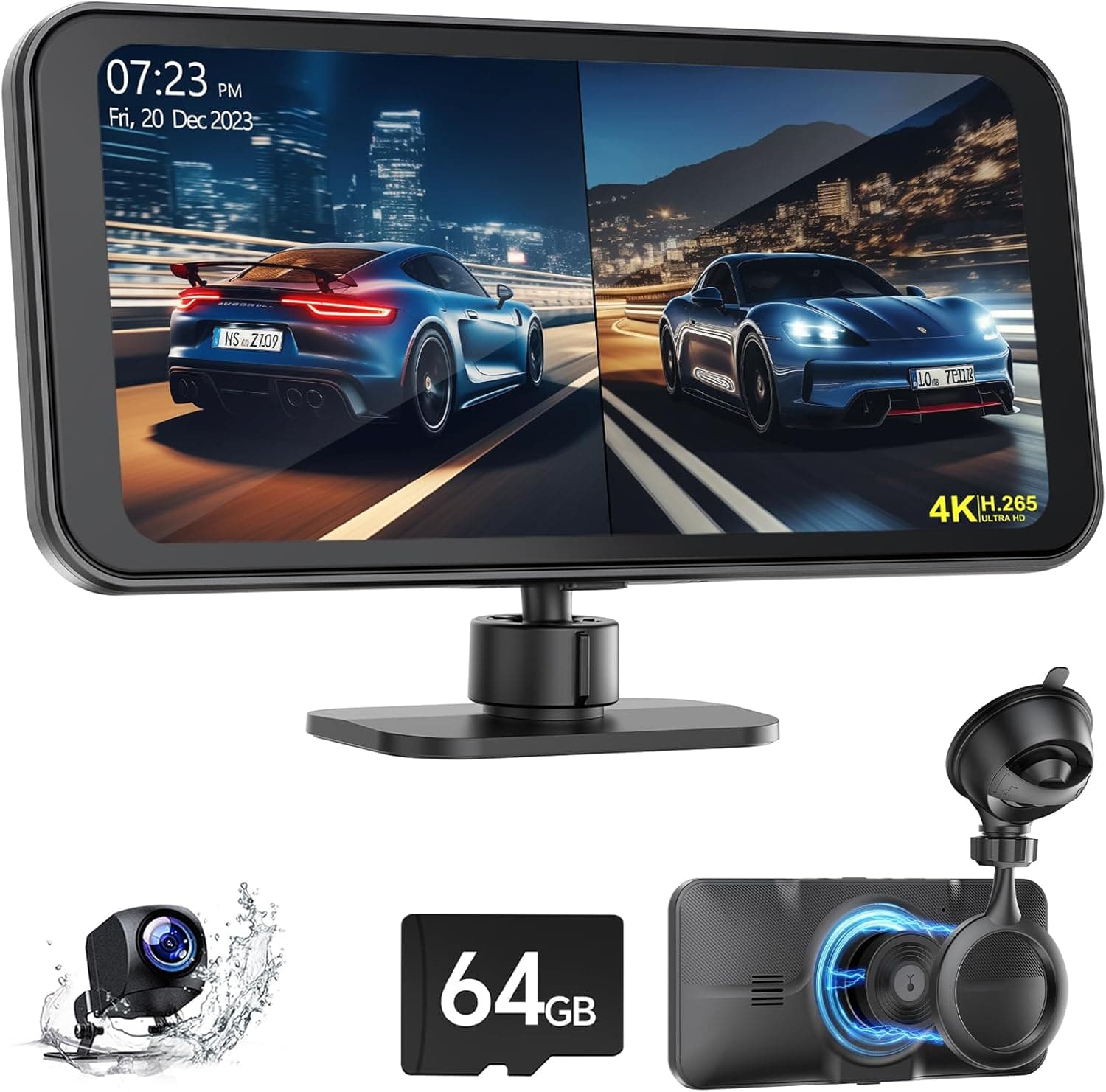 Lamto Ecrã carro com 4K Dashcam e 1080P câmara de carro dianteira e traseira, 1080 pol. ecrã Android Auto Carplay carro, navegação GPS, Siri/G00gle assistente de voz, cartão SD de 64 GB