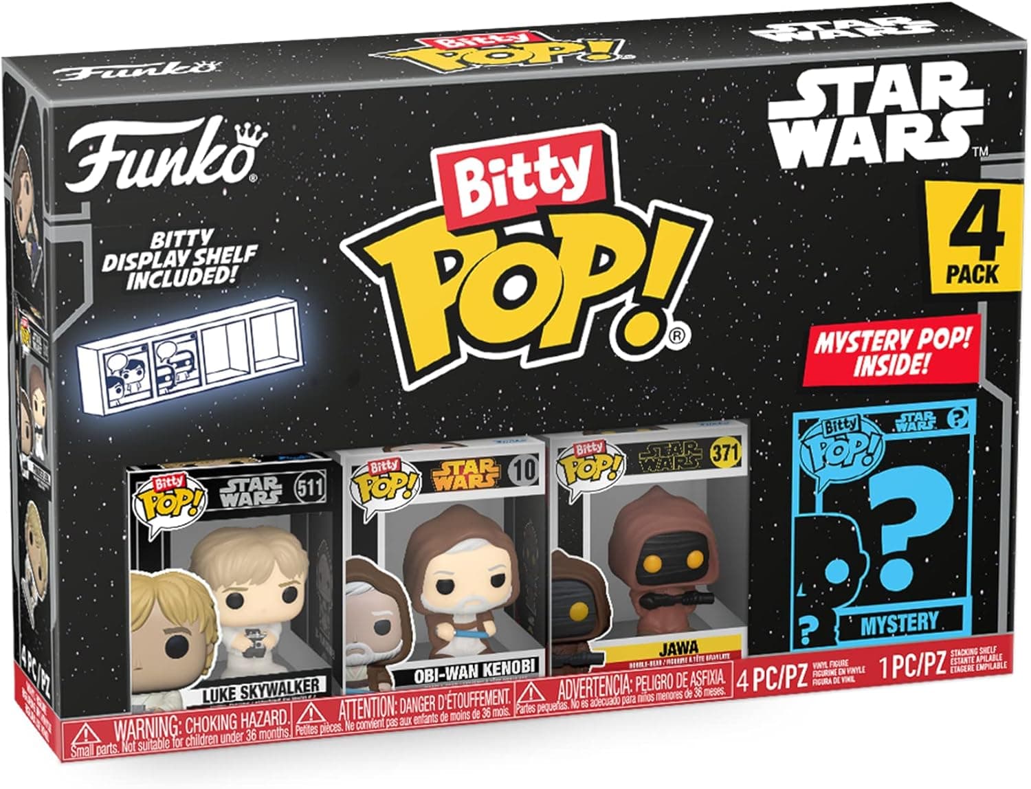 Funko Bitty Pop! Star Wars - Luke Skywalker™, OBI-WAN Kenobi™, Jawa™ e uma minifigura misteriosa surpresa - 0,9 polegadas (2,2 cm) colecionável- Revista empilhável incluída- ideia de presente