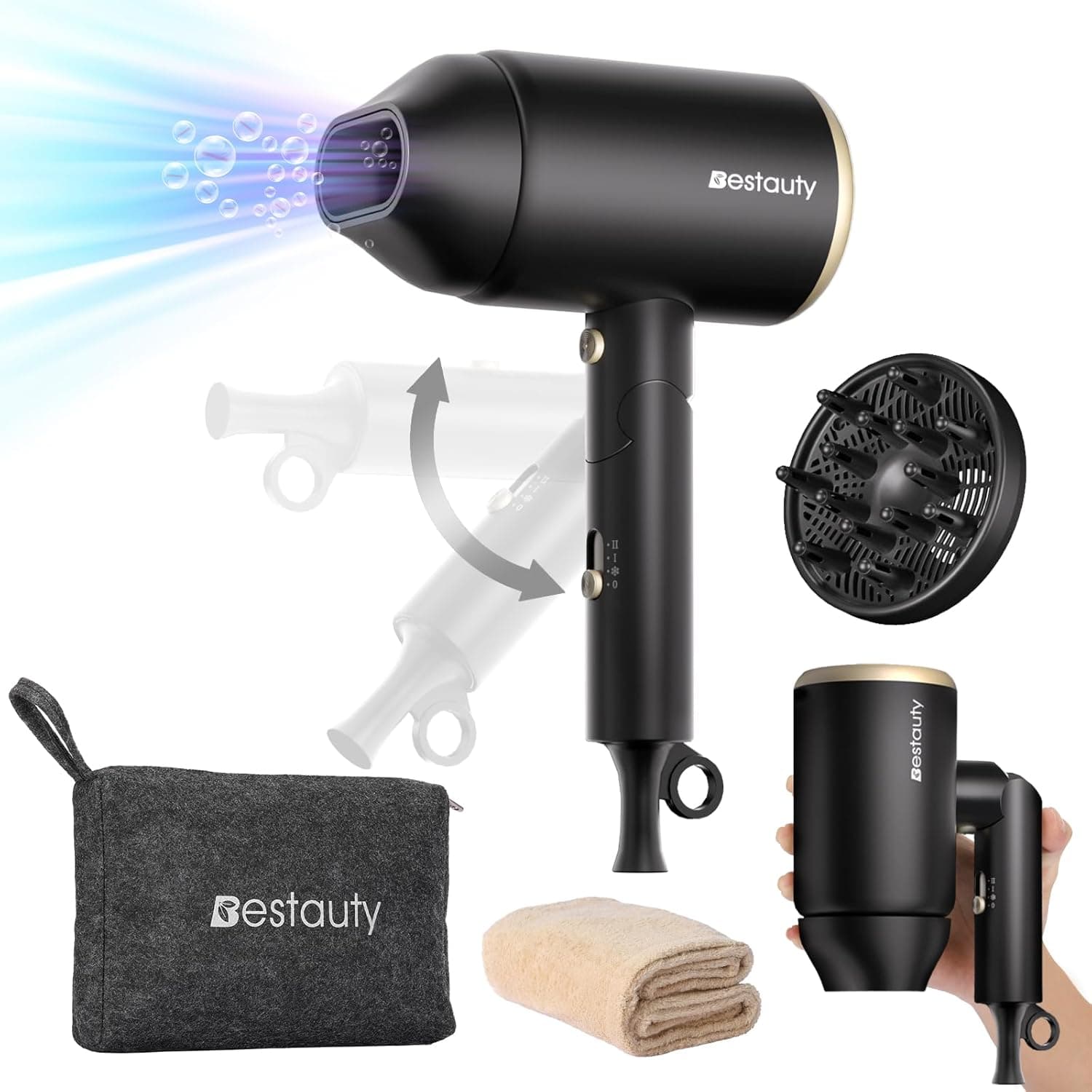 Bestauty Secador de cabelo íónico de viagem, dobrável, com botão de ar frio, 2000 W