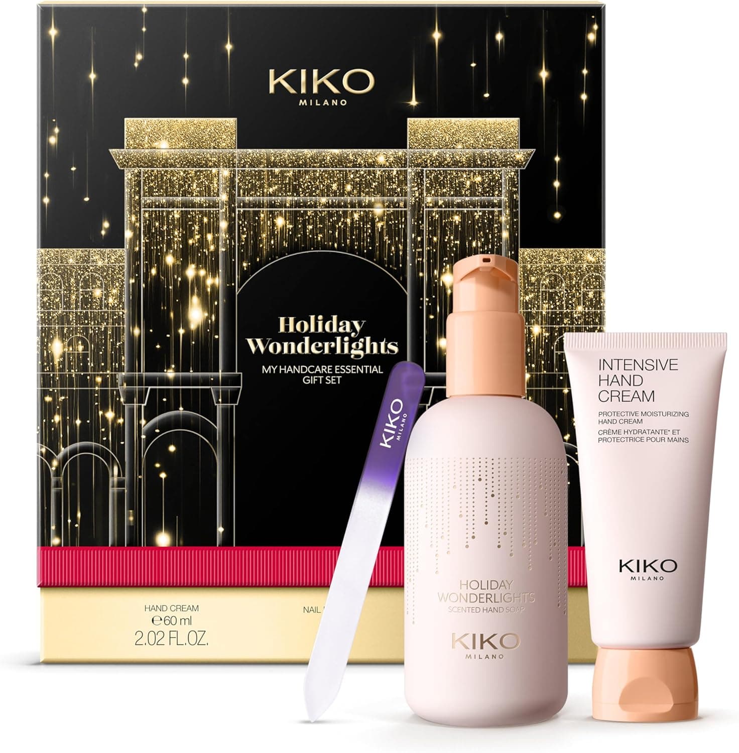 KIKO Milano Holiday Wonderlights My Handcare Essential Gift Set, kit de presente de cuidados com as mãos: Sabão, creme de mãos hidratante e lima de unhas