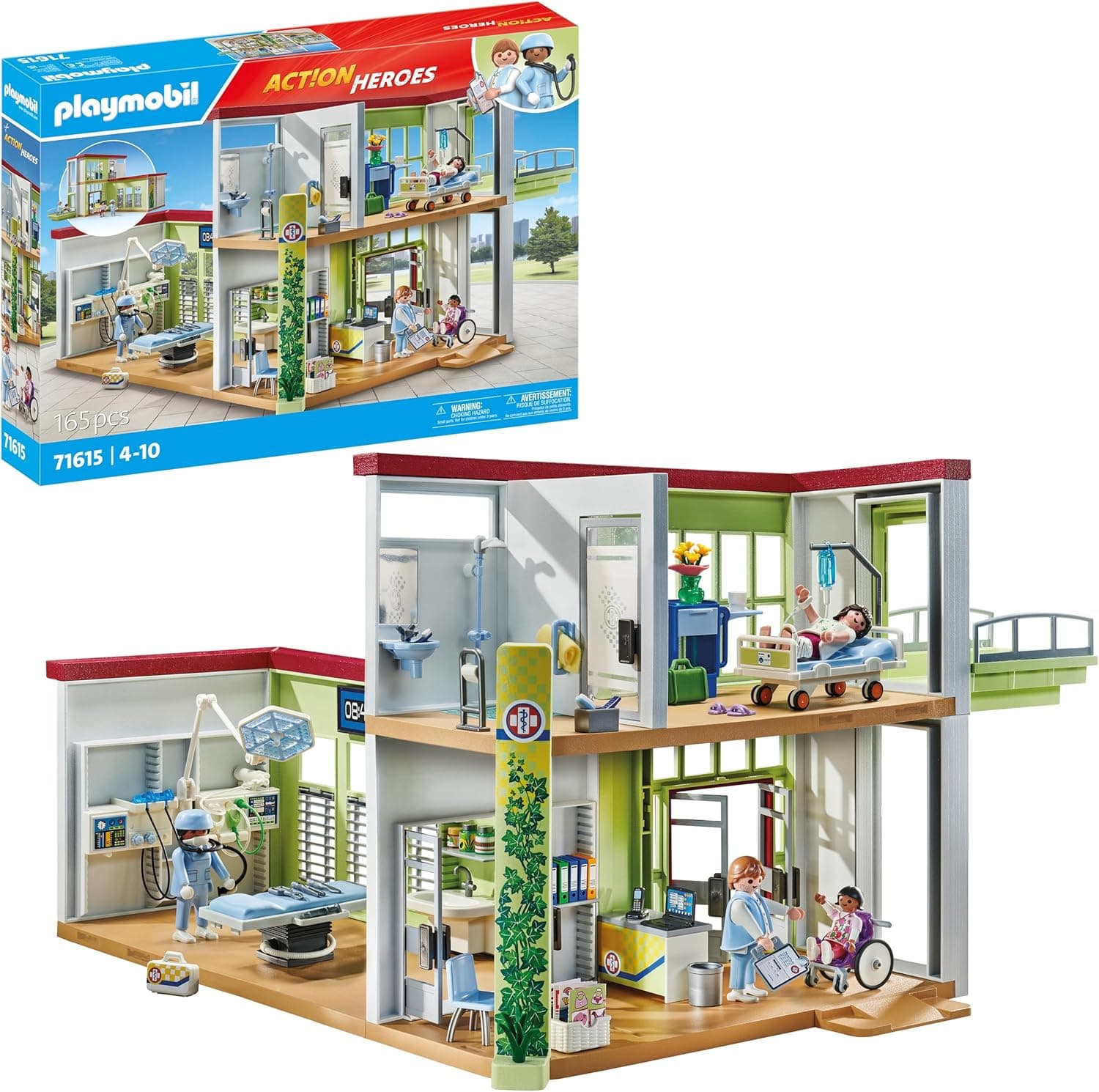 PLAYMOBIL Action Heroes 71615 Hospital moderno, com quatro figuras e equipamentos médicos, fabricado com mais de 80 % de materiais reciclados e de base biológica, brinquedos para meninos e meninas