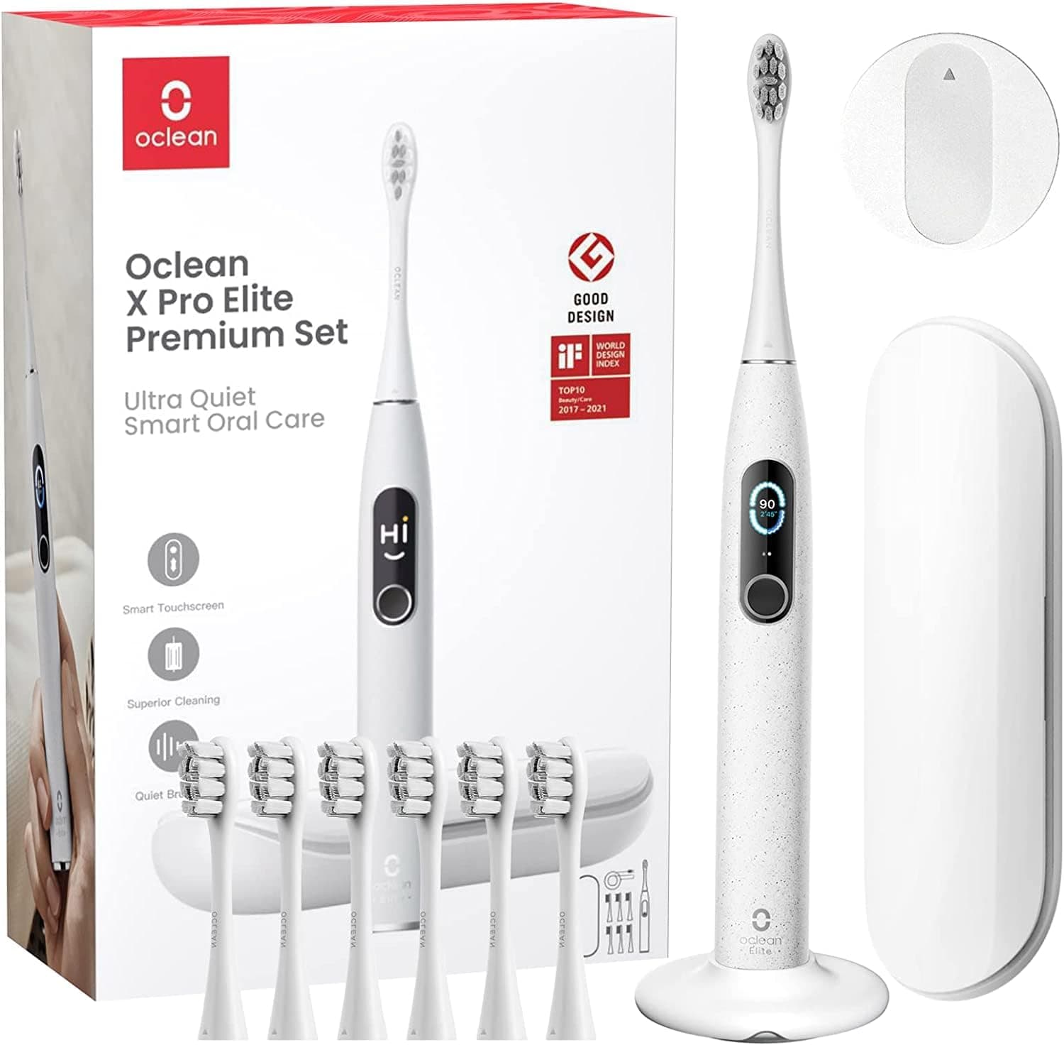 Oclean X Pro Elite Gift Set Escova elétrica, ecrã táctil inteligente, <45 dB, 84.000 movimentos por minuto, 32 níveis de intensidade, 4 modos, sensor de pressão, 35 dias de duração, IPX7, cinzento