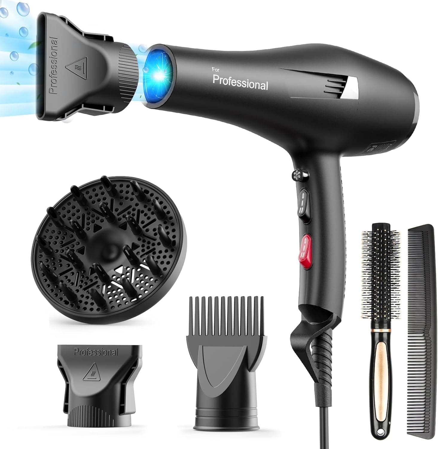 HappyGoo Secador de cabelo iões profissional, secador iónico com 1 difusor, 2 boquilhas penteado, 3 níveis de calor e 2 velocidades, Hair Dryer rápido secagem cabelo