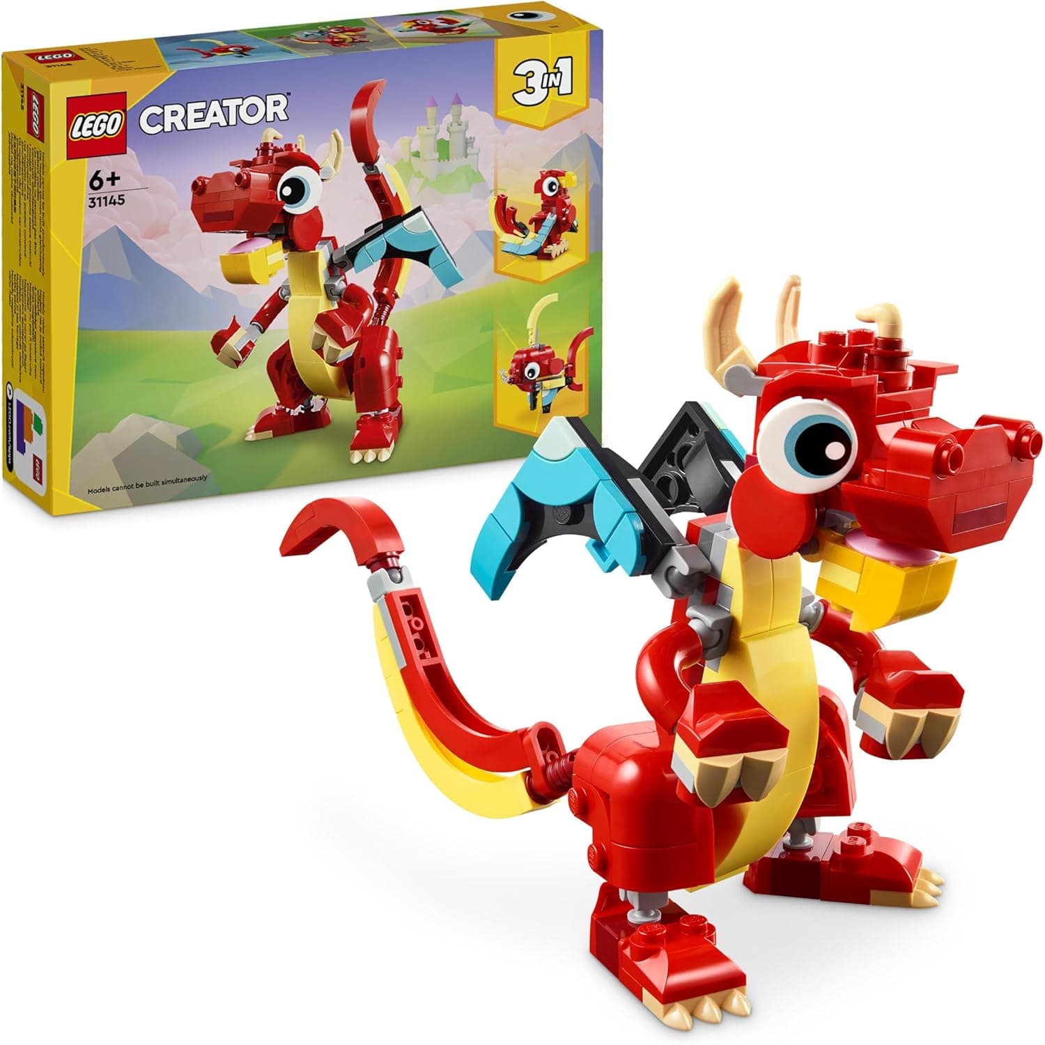 LEGO Creator 3 em 1 dragão vermelho de brinquedo descapotável em figura de peixes ou aves femininas, jogo infantil de animais como presente para meninos e meninas de 6 anos ou mais de tema de ano novo