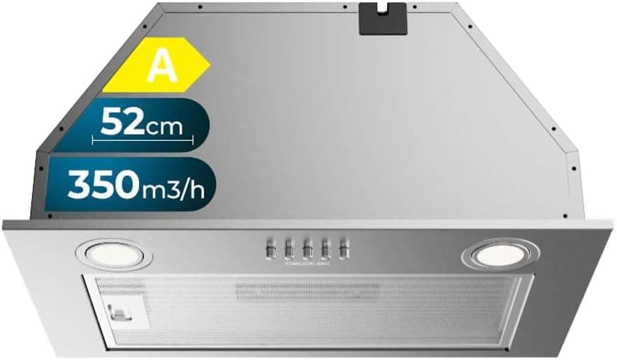 Cecotec Sino extrator 52 cm integrado Bolero Flux IM 523500 Inox A. Potência de sucção 350 m3/h, motor 70 W, controlo mecânico, 3 níveis de potência, luz e filtro de carbono, Inox 