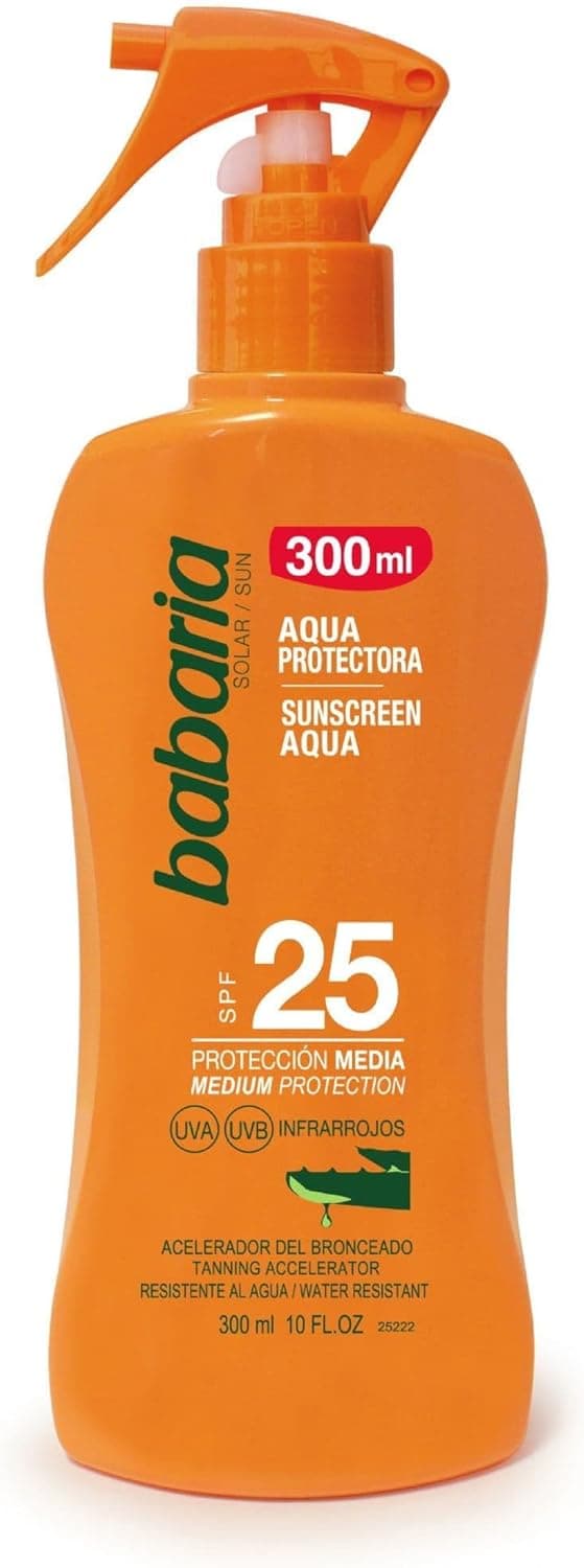 Babaria - Aqua protetora, protetor solar corporal SPF25 UVA-UVB e infravermelhos, acelerador de bronzeamento, hidratante, contém aloé vera, resistente à água, vegan, unissexo - 300 ml