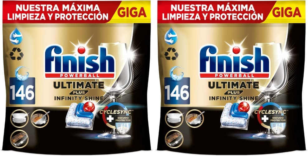 Finish Ultimate Plus Infinity Shine, pastilhas para máquina de lavar louça, limpeza e brilho intensivos e proteção de vidro, 146 pastilhas x 2