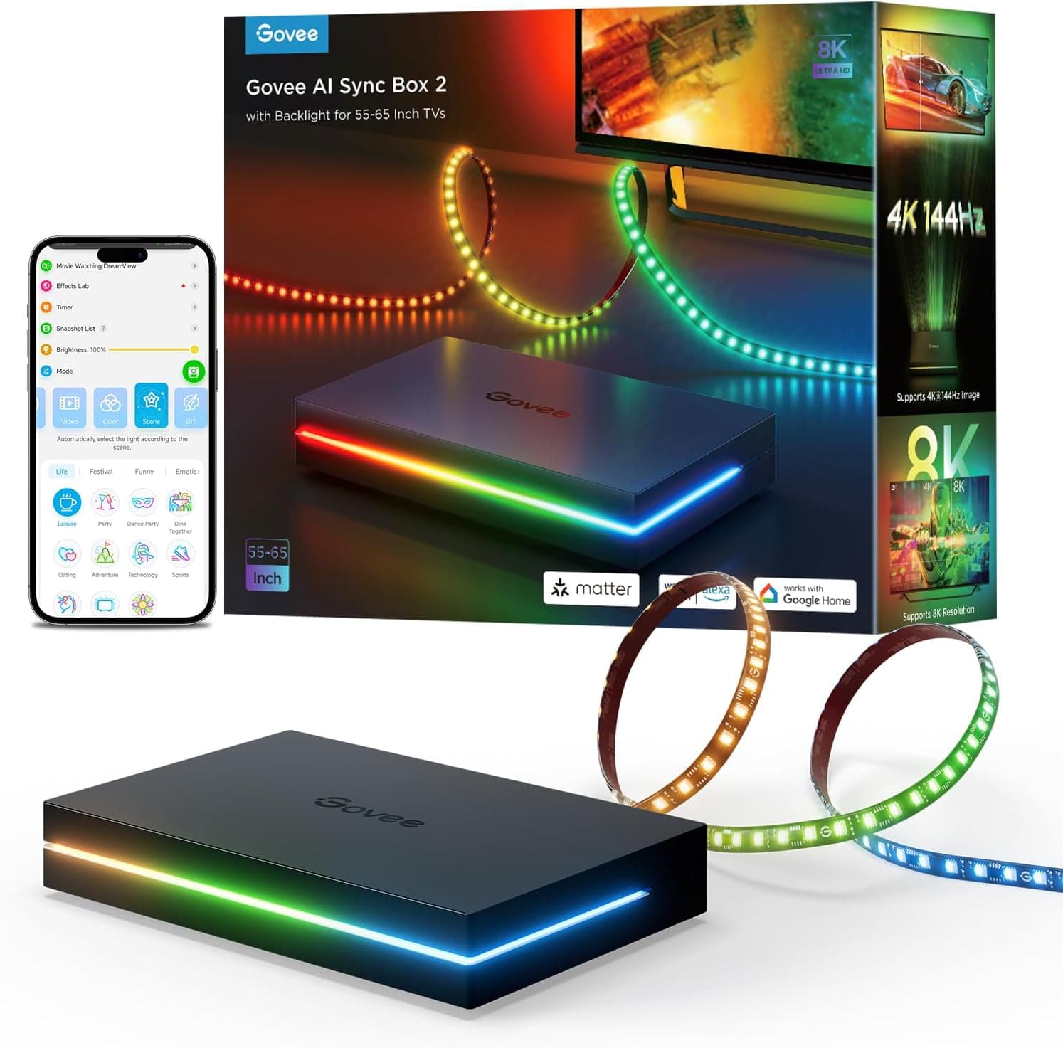Govee HDMI 2.1 Sync Box Kit 2, incluindo luz de fundo de TV, AI Sync Box, suporta 8K@60Hz, 4K@144Hz, VRR e ALLM, funciona com Matter, RGBIC LED Strip para TVs de 55-65 polegadas, 75 LEDs/m