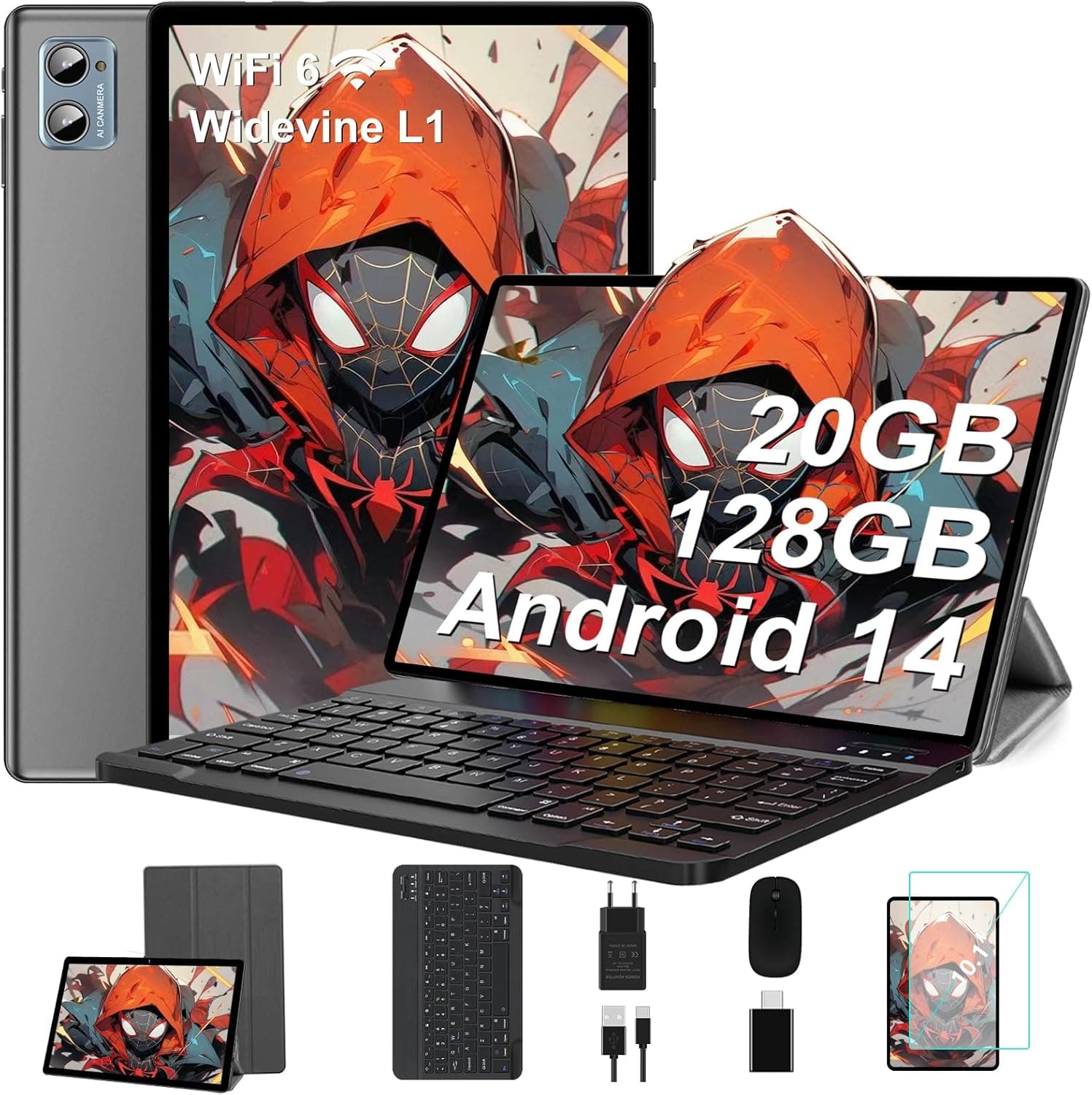 SUAAT Newest 2025 Tablet de 10 polegadas Android 14, 20 GB RAM+128 GB ROM/1TB TF, 8-Core, Widevine L1/WiFi 6/Bluetooth 5.0/6000 mAh/GMS certificado/8 MP+ 5 MP/Tablet PC Com capa, Teclado e rato