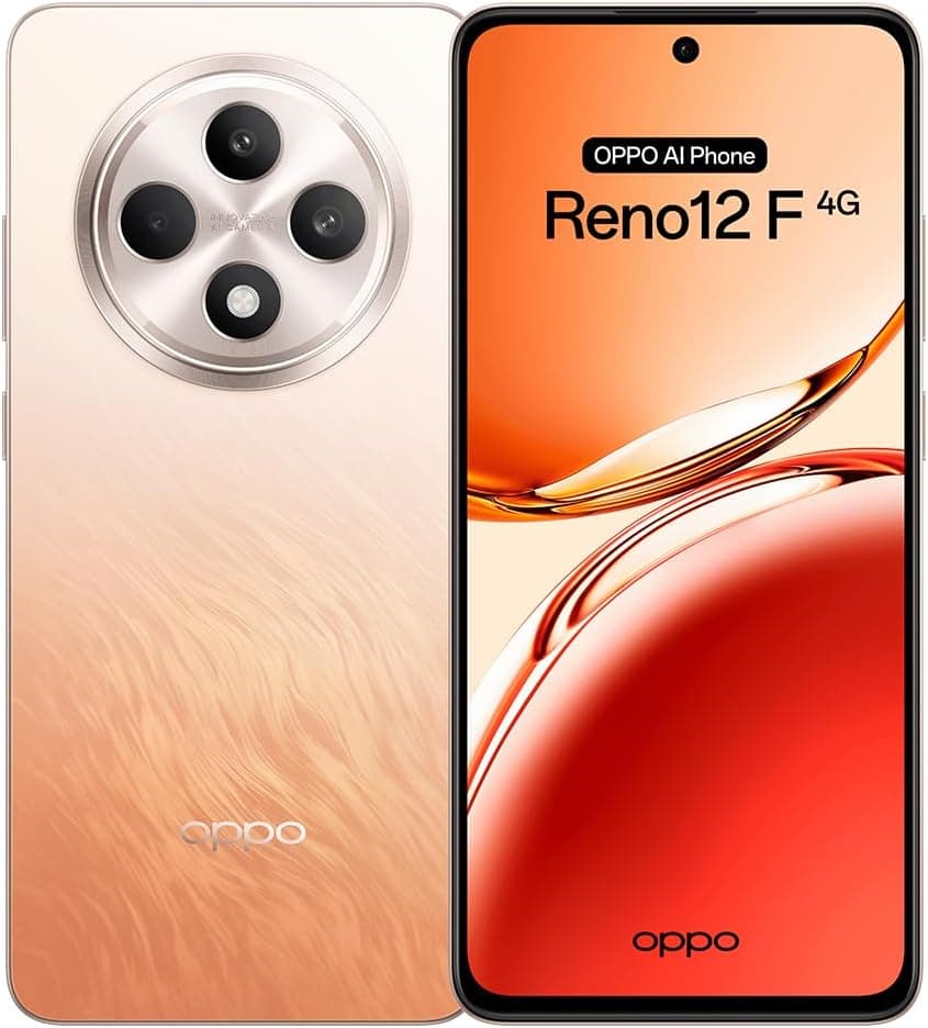 OPPO Reno12F 4G Smartphone livre com IA, 16 GB (8 GB + 8 GB) 256 GB, ecrã 2,5D AMOLED 6,7", câmara 50 8 + 32 MP, Android, IP64, bateria 5000 mAh, carregamento rápido 45 W - Amber