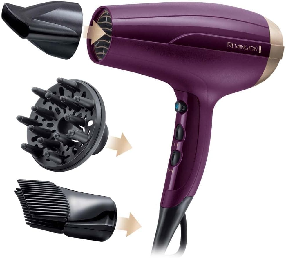 Remington Your Style Secador de cabelo iônico, cabelo sem frizz, 2300 W, silencioso, kit de secador: concentrador, difusor e acessório intensificador de raiz, 3 temperaturas, 2 velocidades - D5219