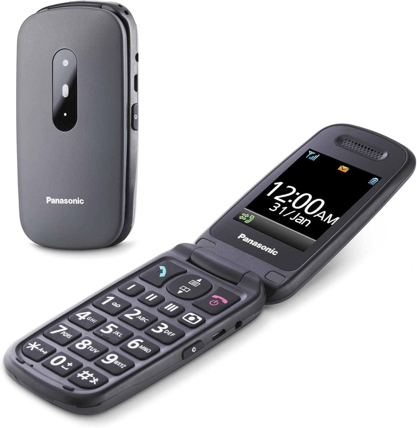 Panasonic KX-TU446EXG Telemóvel para idosos, resistente a impactos, câmera, inclui auriculares e carregador, indicador LED, cinzento