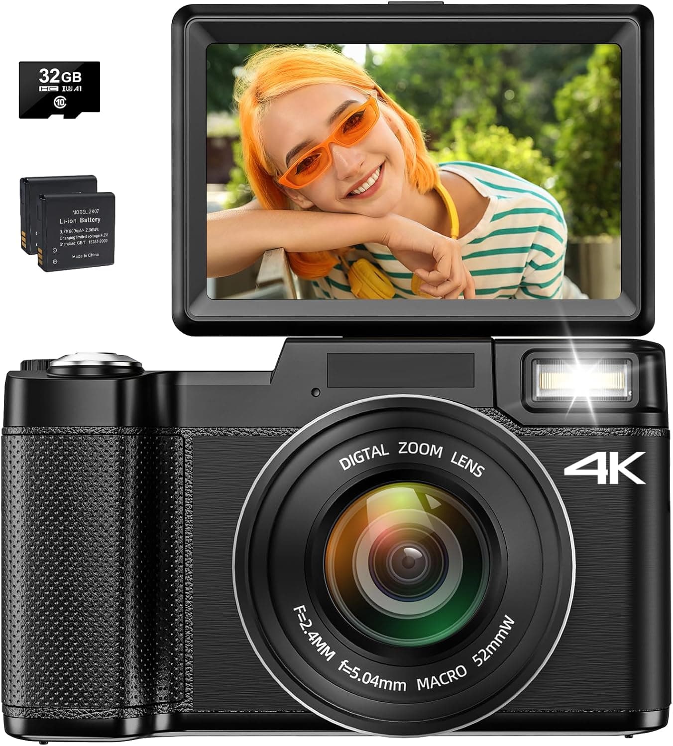 Câmara digital 4K para fotografia, foco automático, câmara de vlogging de 48 MP para YouTube com zoom digital de 16X, câmara macro de 3 polegadas, ecrã rebatível de 180°, câmara de vídeo compacta