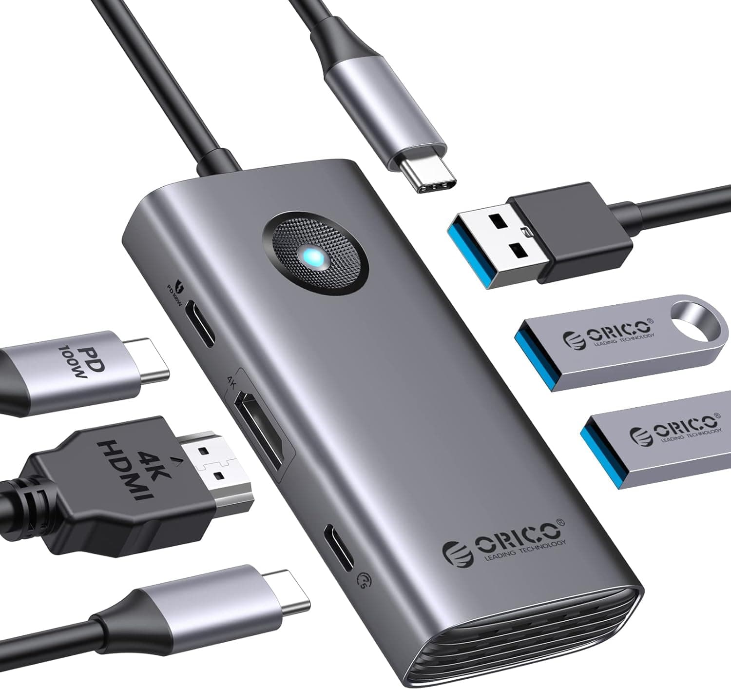 ORICO 6 em 1 USB C Hub | Docking station com HDMI 4K, carregamento 100 W e 4 portas USB de alta velocidade