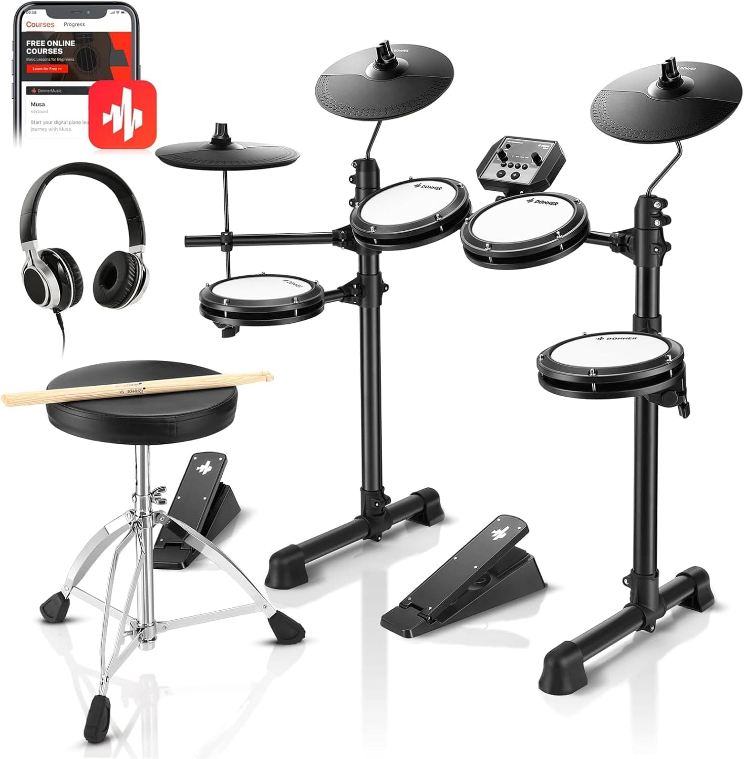Donner DED-80 Bateria eletrónica musical de 7 peças com remendos de malha, 180 sons, Drum Throne, Headphone, Sticks, Kids Christmas Birthday Gift, 40 Melodics Lessons
