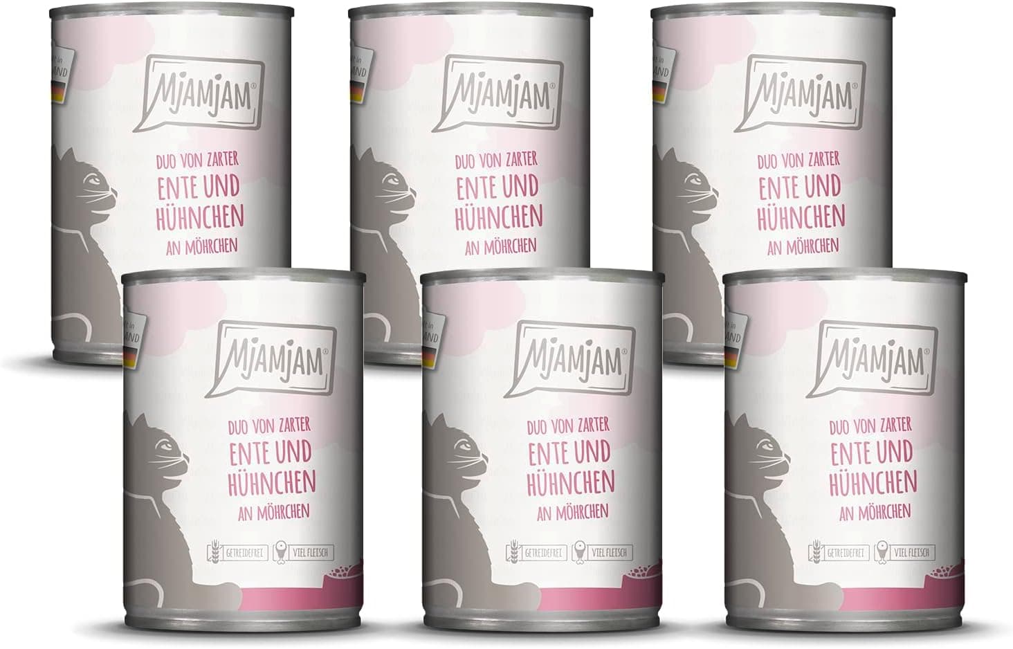 MjAMjAM - Comida húmida premium para gatos - Duo de pato macio e frango suculento sobre cenouras, pack de 6 (6 x 400 g), sem cereais com extra de carne
