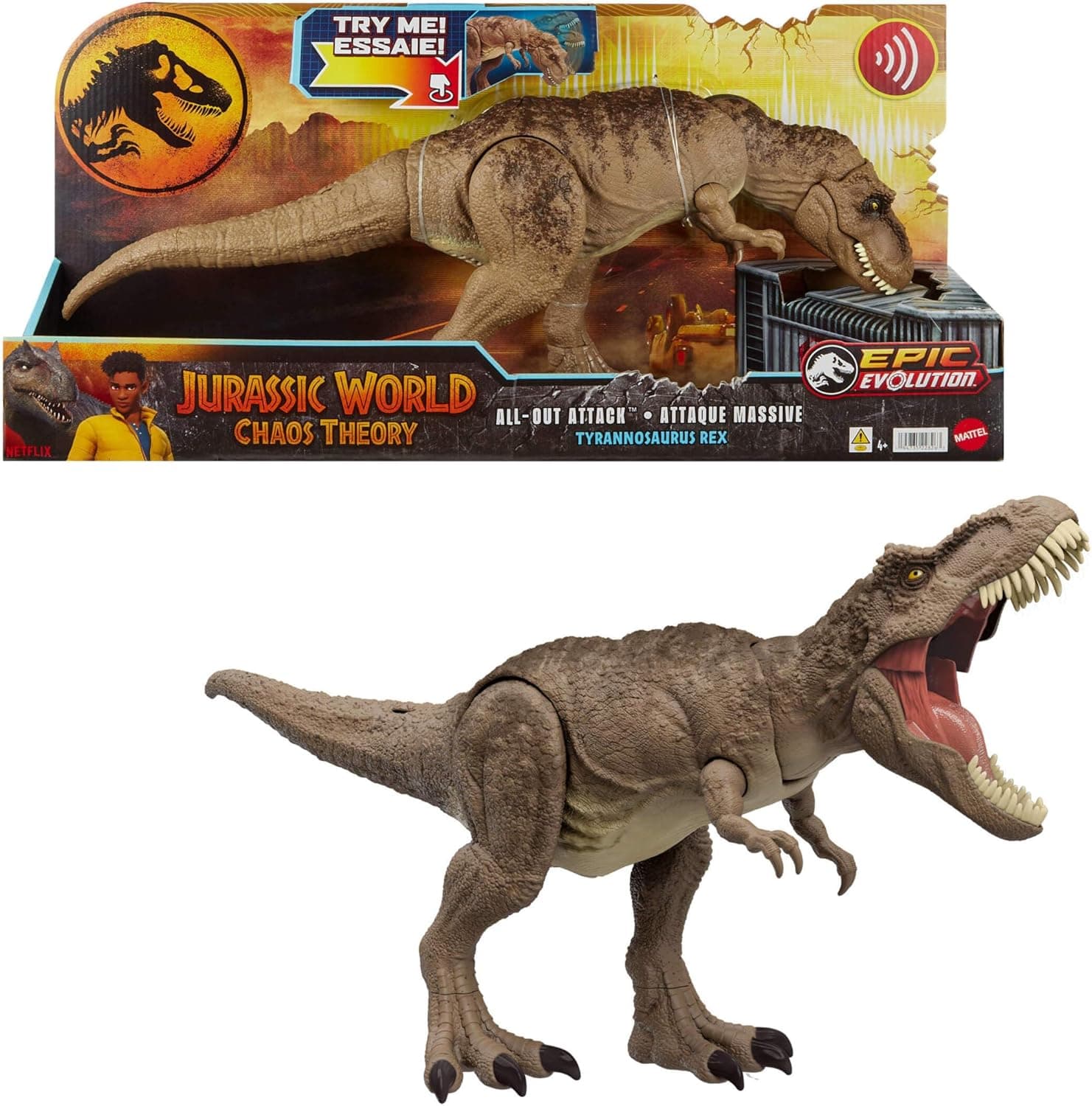 Mattel Jurassic World HXF54e | Figura de dinossauro Tyrannosaurus Rex com sons para crianças a partir dos 4 anos