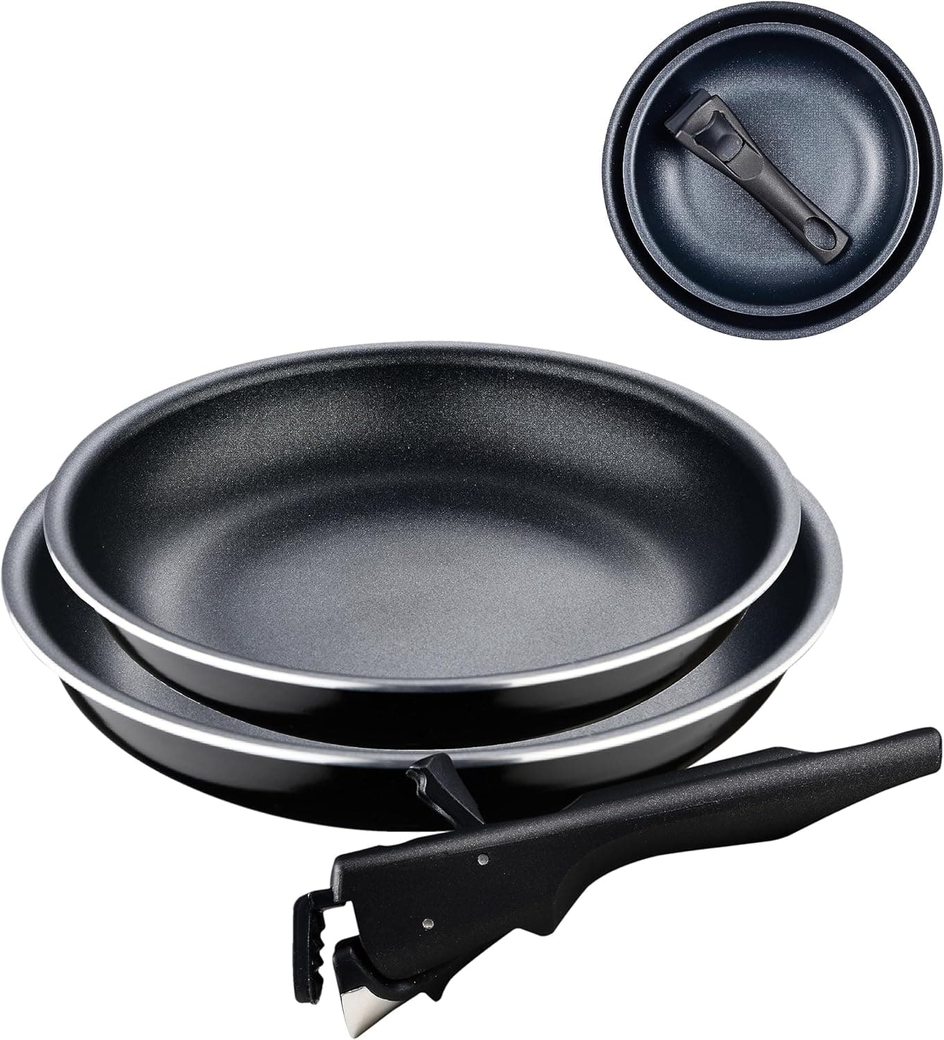 Bergner Click&Cook Black Edition Conjunto de frigideiras de 3 peças de 22 e 26 cm cabo ergonómico removível, alumínio prensado e anti-aderente, para todos os tipos de cozinha e forno