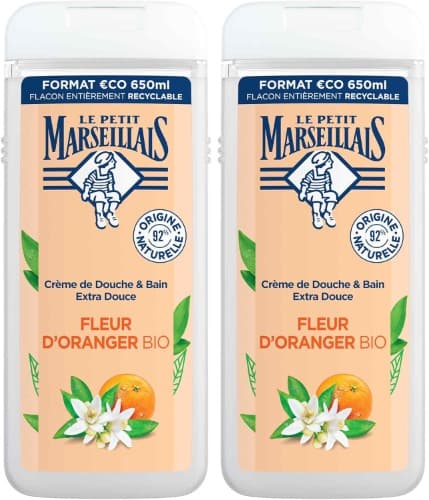 Le Petit Marseillais Gel de duche corporal extra macio, flor de Azahar BIO, hidratação e nutrição para pele sensível, com ingredientes naturais e recipiente reciclável e recarregável