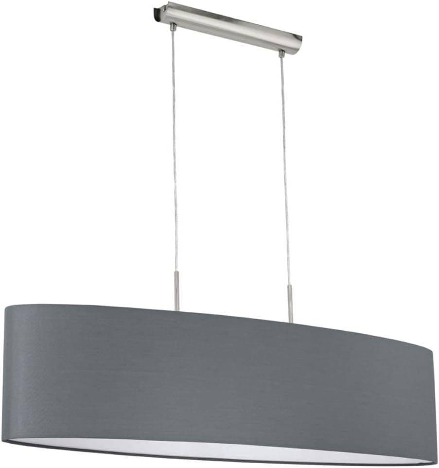 Eglo Candeeiro de teto Paster, candeeiro suspenso têxtil de 2 holofotes, candeeiro suspenso oval de aço e tecido, cor níquel mate, cinzento, suporte de lâmpada E27, L 100 cm
