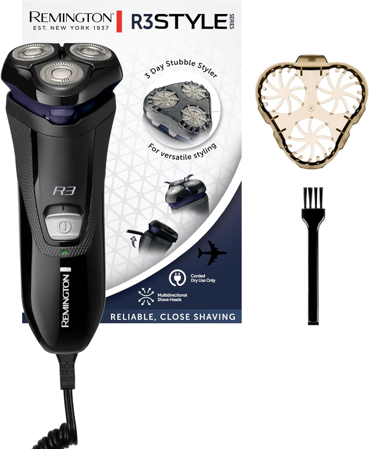 Remington Máquina de barbear rotativa Style Series com acessório para barba de poucos dias - máquina de barbear com cabo, cabeça pivotante, porta-ténis, indicador LED aceso - R3002