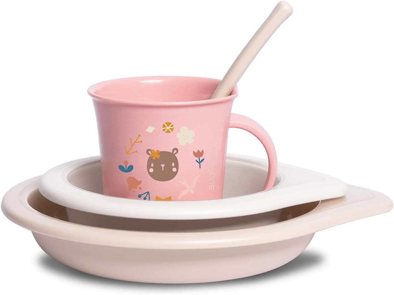 Suavinex, Louça para bebé, conjunto de pratos de aprendizagem, + 6 meses, louça infantil adequada para máquina de lavar louça e micro-ondas. Inclui: Copo prato liso tigela colher de bola. Rosa