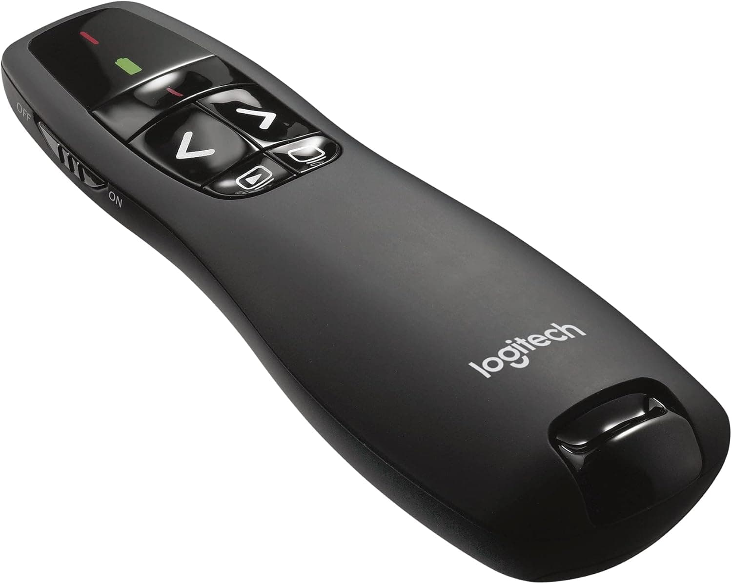 Logitech R400 Apresentador sem fios com recetor USB, ponteiro laser digital vermelho, distância de 15 m, 6 botões, controlos intuitivos, indicador de bateria, compatível com PC, preto