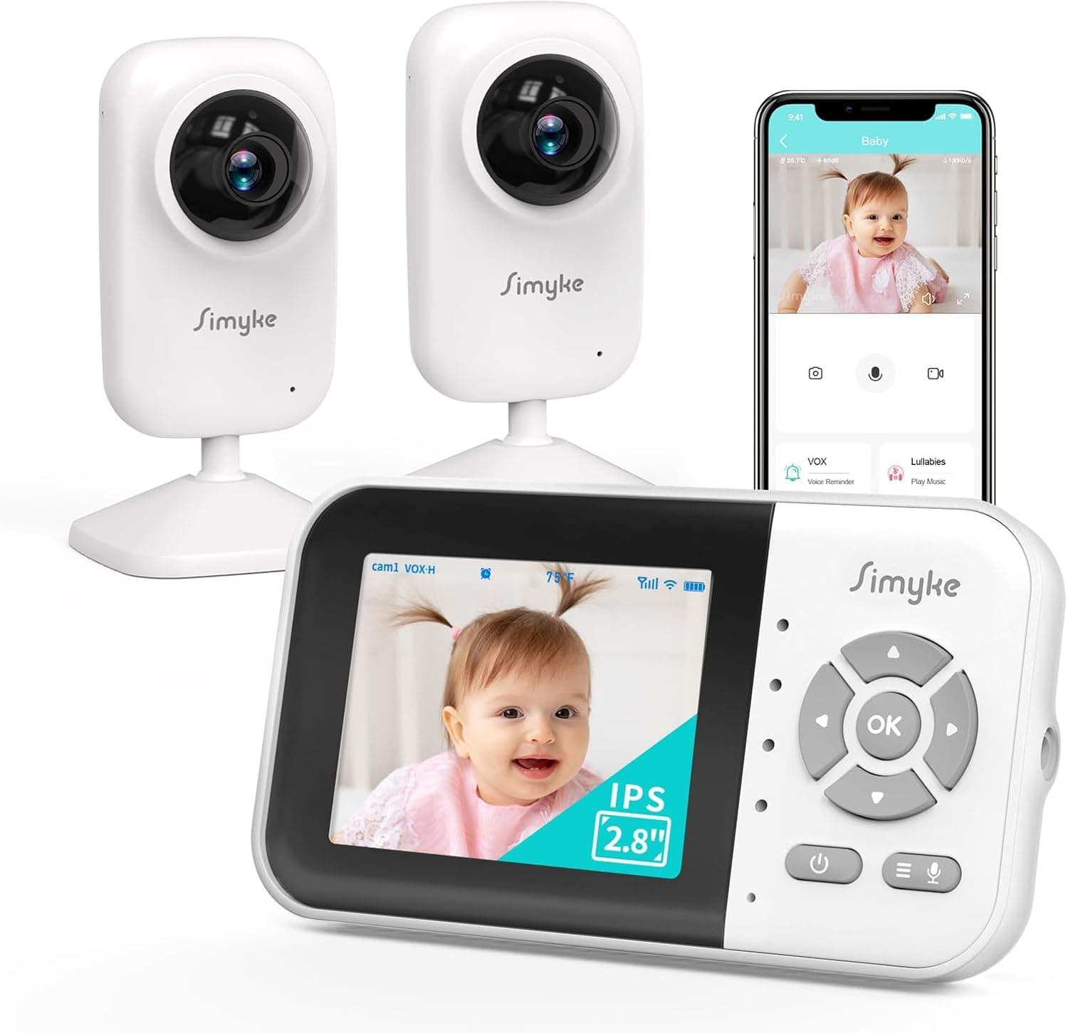 Monitor de vídeo aprimorado para bebé com 2 câmaras e ecrã de áudio de 2,8 polegadas, sem visão noturna WiFi, conversa de 2 vias, alcance de 1200 pés, relógio de alimentação