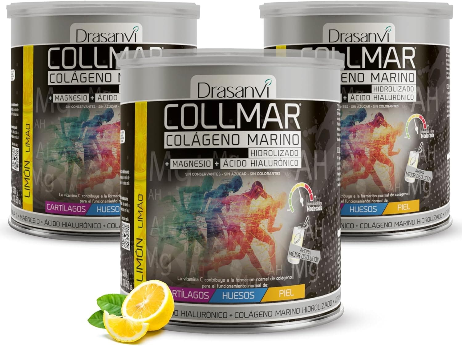 DRASANVI COLLMAR Colagénio marinho hidrolizado com magnésio, ácido hialurónico e vitamina C | para cartilagens, ossos e pele, Máx. Assimilação 9,717 mg/dia | 3 x 300 g de pó | sabor de limão