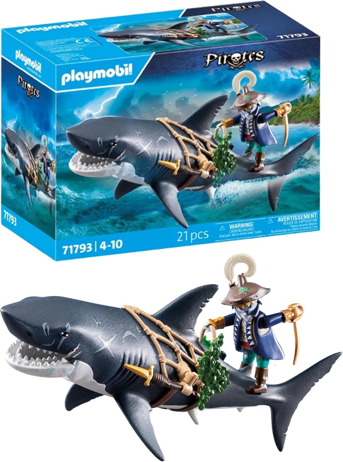 PLAYMOBIL | Pirates | Perigo com tubarão gigante | brinquedo pirata | figuras de brinquedo | brinquedo para meninos e meninas a partir de 4 anos | 71793