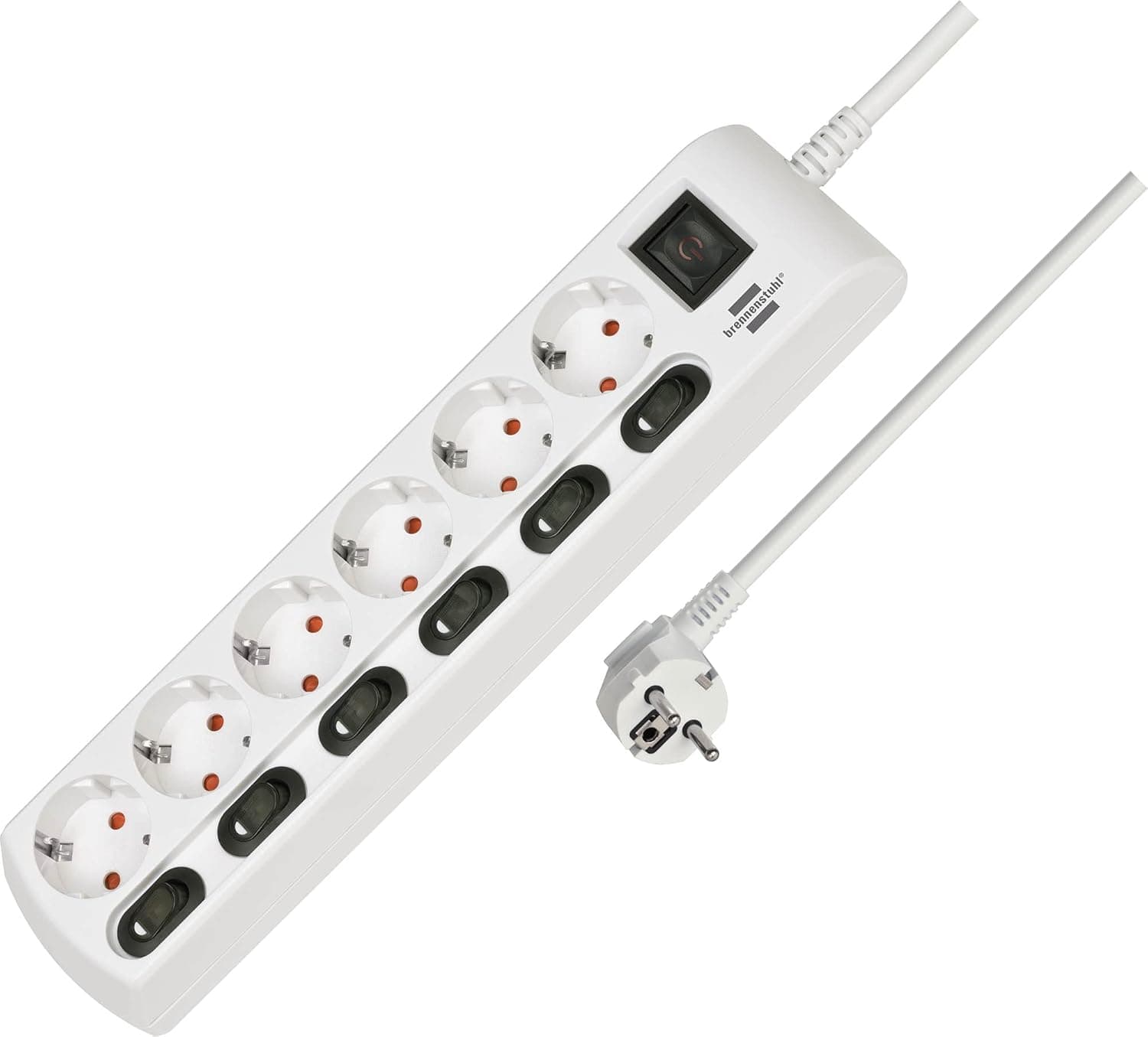 Brennenstuhl extensão de tomadas com 6 tomadas de energia e interruptores individuais (cabo de 2 m, com 6 interruptores iluminados independentes) branco