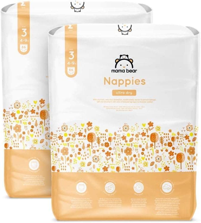 Marca Amazon - Mama Bear fraldas ultra-secas - tamanho 3 (4 - 9 kg), com canais, 172 unidades (2 pacotes de 86) - nova versão