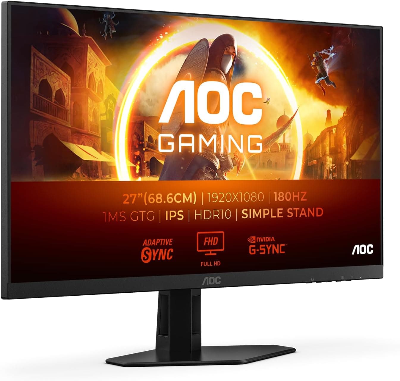 AOC Gaming 27G4XED Monitor Full HD de 27 polegadas, 180 Hz, 1 ms, FreeSync Prem, G-Sync Comp., HDR10 1920x1080, 2X HDMI 2.0, 1 x DisplayPort 1,4 preto/cinzento. 27 Petite ulgada FHD, suporte fixo