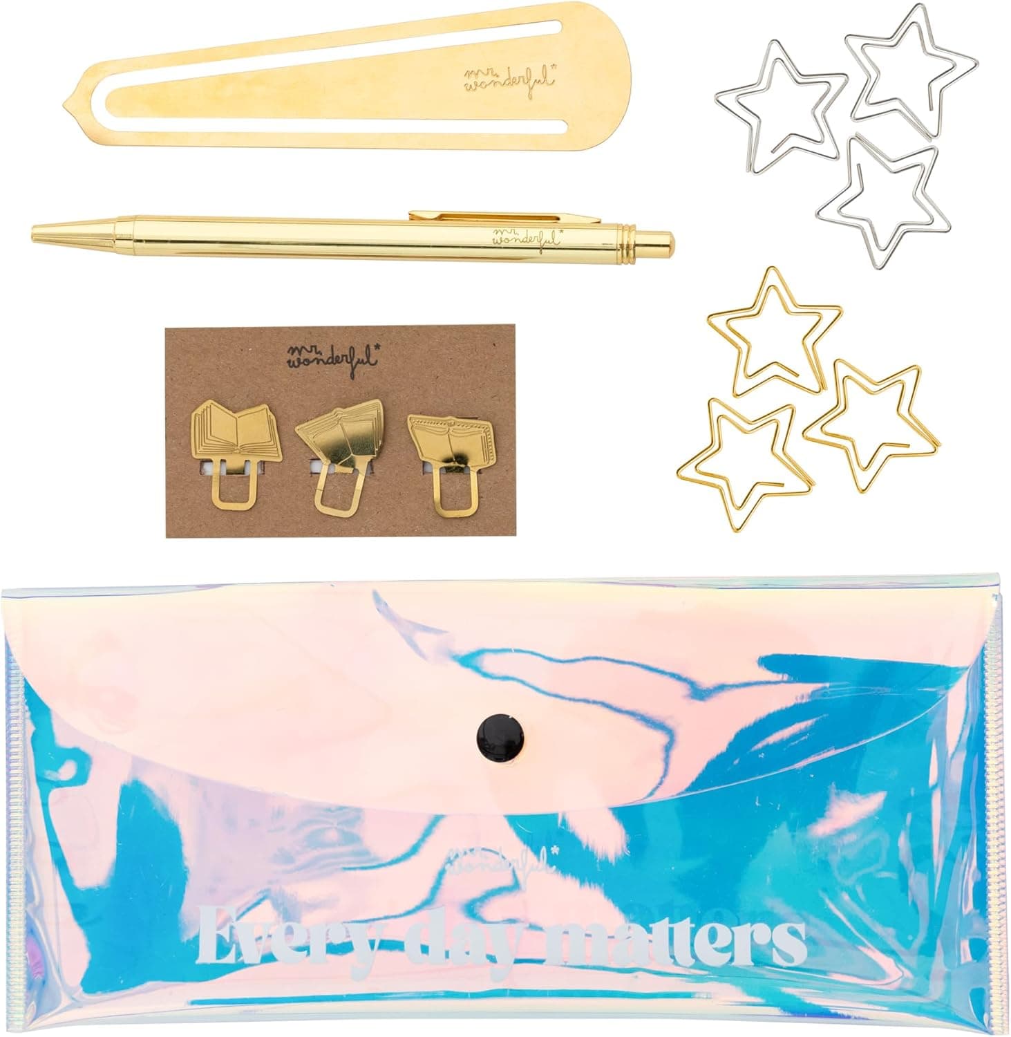 Mr. Wonderful - Kit para decorar a sua agenda 2025 - Every day matters - inclui 1 estojo transparente, 4 marcadores e 1 caneta com tinta azul
