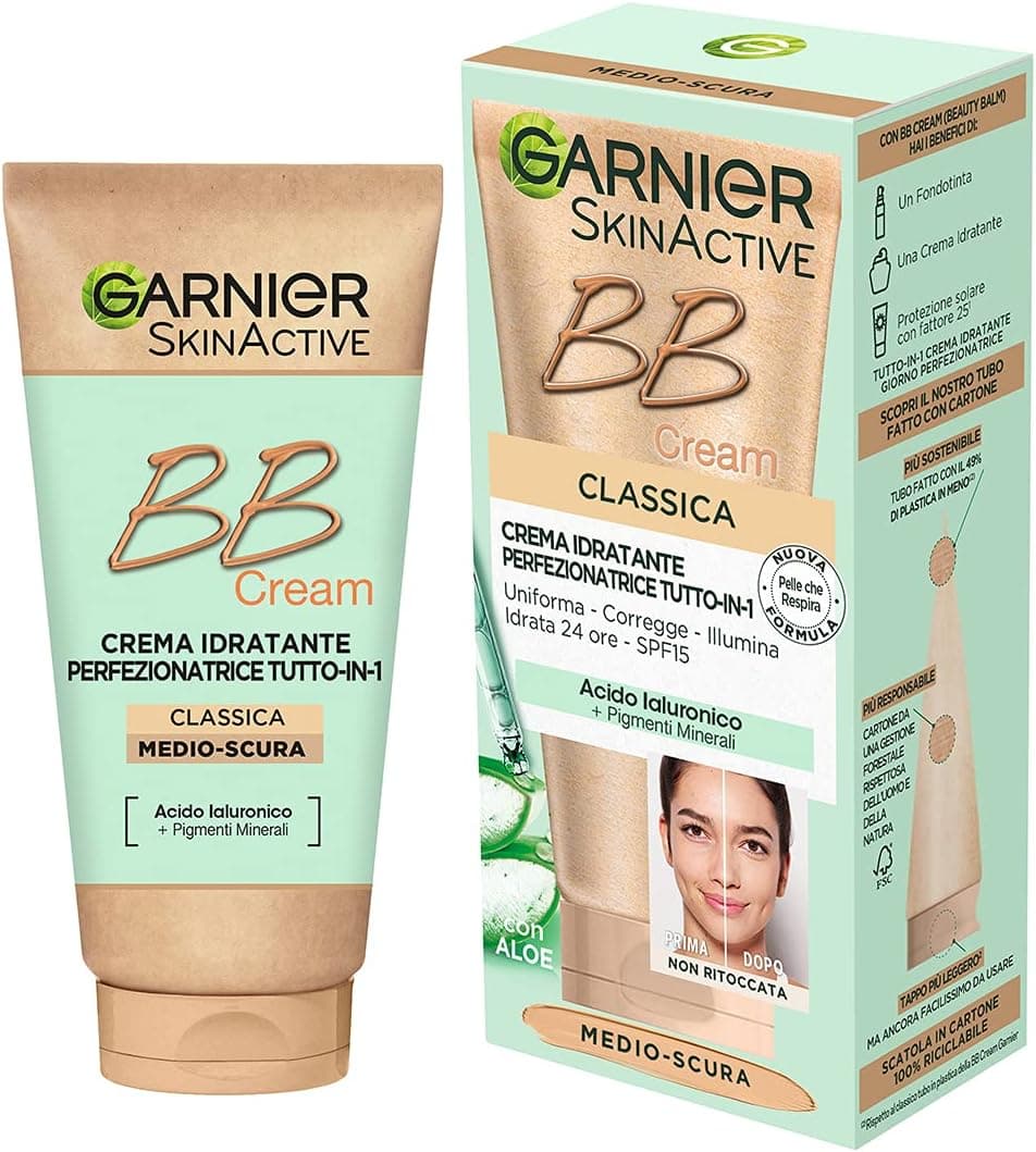 Garnier BB Cream Classic SkinActive, para pele uniforme e hidratada, aspeto natural, enriquecido com ácido hialurónico e aloé vera e pigmentos minerais, SPF 15, tom médio escuro