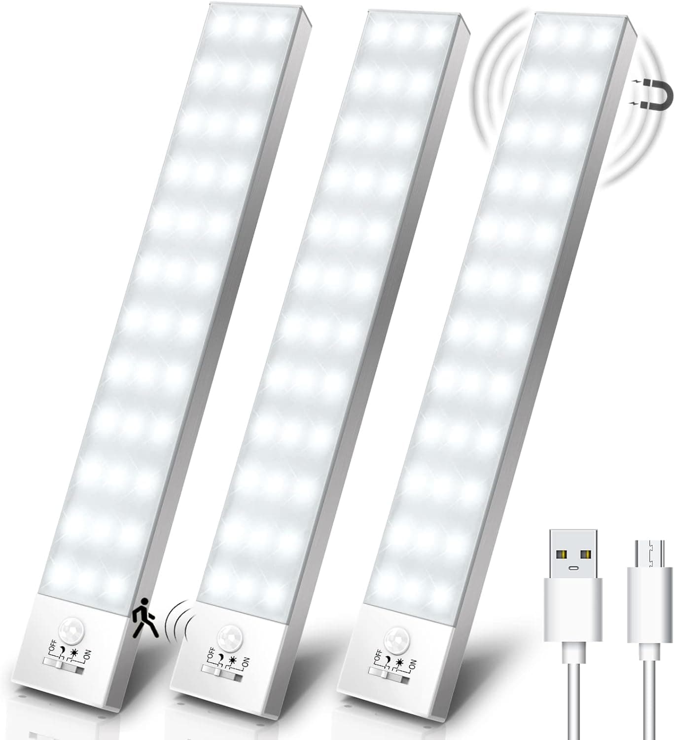 Luz LED armário luzes com sensor de movimento branco natural 4 modos luz de armário autocolante magnético USB recarregável 1000 mAh luz noturna candeeiro para sótão, casa de banho,