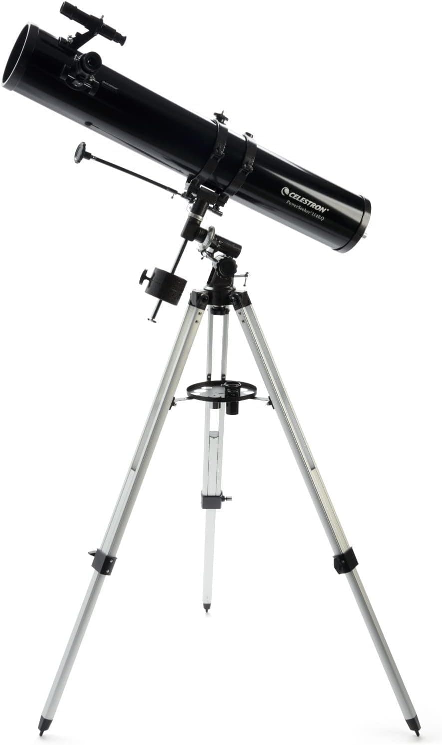 Celestron 21045 PowerSeeker 114EQ telescópio refletor que inclui dois olhos, lente Barlow, tripé ajustável em altura e bandeja de acessórios de luxo, preto