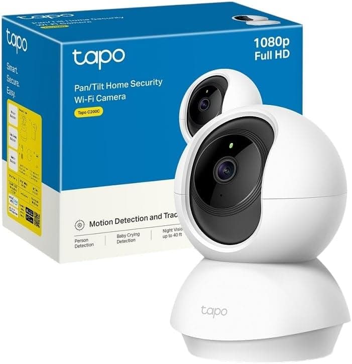 Tapo Câmara de vigilância WiFi interior 360° 1080p C200C, visão noturna, notificações em tempo real, deteção de pessoas, rastreamento de movimento, controlo remoto, compatível com Alexa