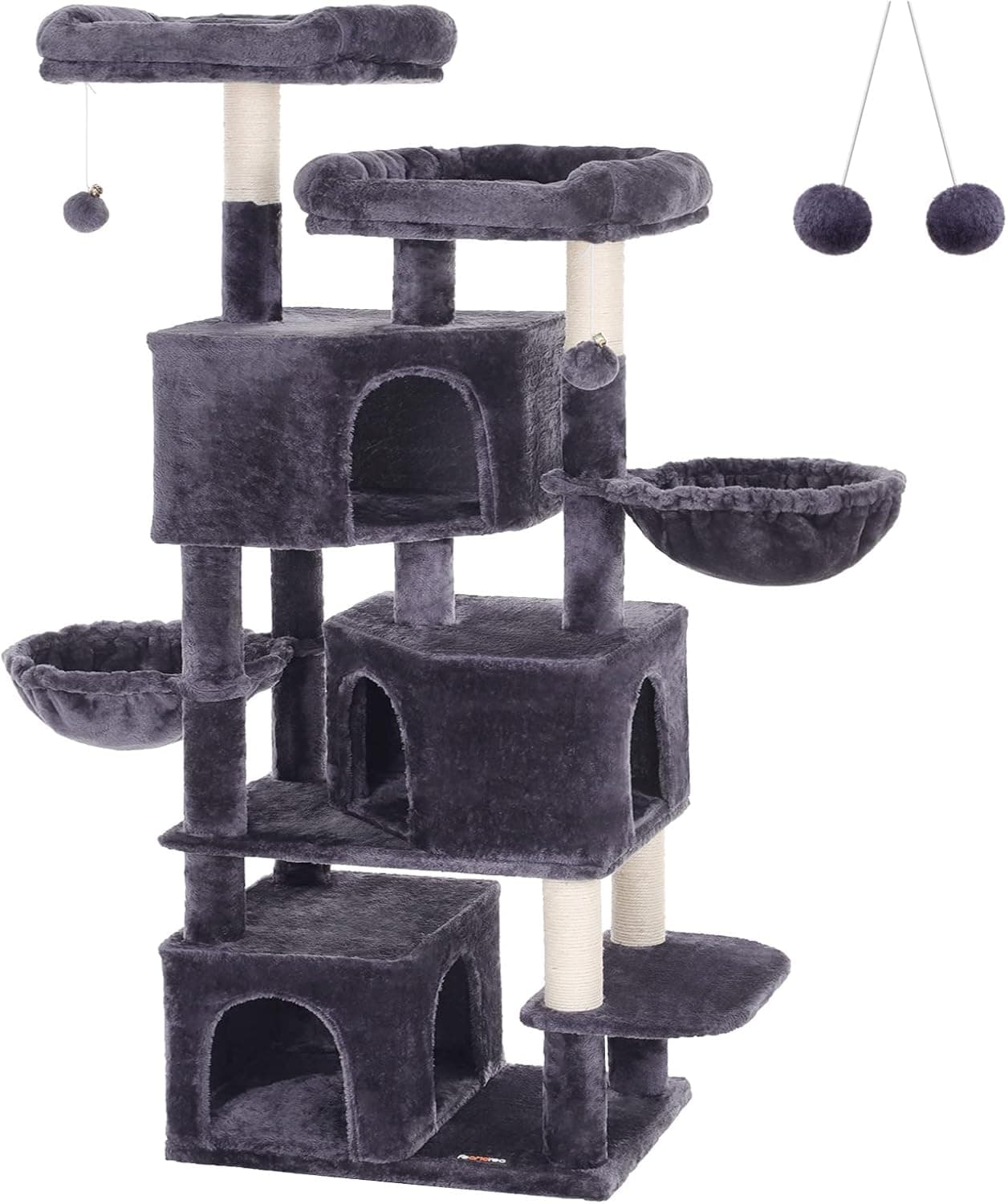 FEANDREA Árvore grande para gatos com 3 cavernas para gatos, torre para gatos de 164 cm, cinzento fumado PCT98G
