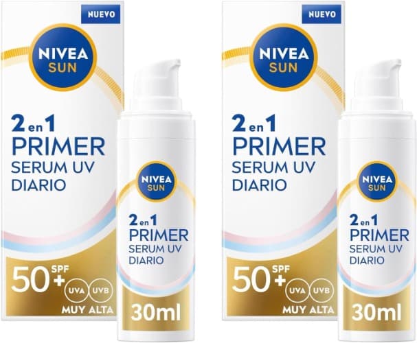 Nivea Sun Primer Sérum UV diário 2em 1, sérum facial com proteção solar SPF 50+, protetor solar facial que protege e suaviza a pele, creme solar com ácido hialurónico e licocalcão A, 30 ml x 2