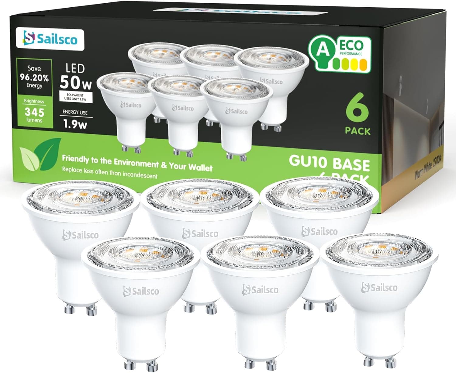 Sailsco Classe A GU10 LED Spot lâmpada branca quente 1,9 W 2700 K 345 lúmen, GU10 lâmpada de poupança de energia 50 W lâmpada de substituição, ângulo de feixe de 36°, lâmpadas LED não reguláveis, 6