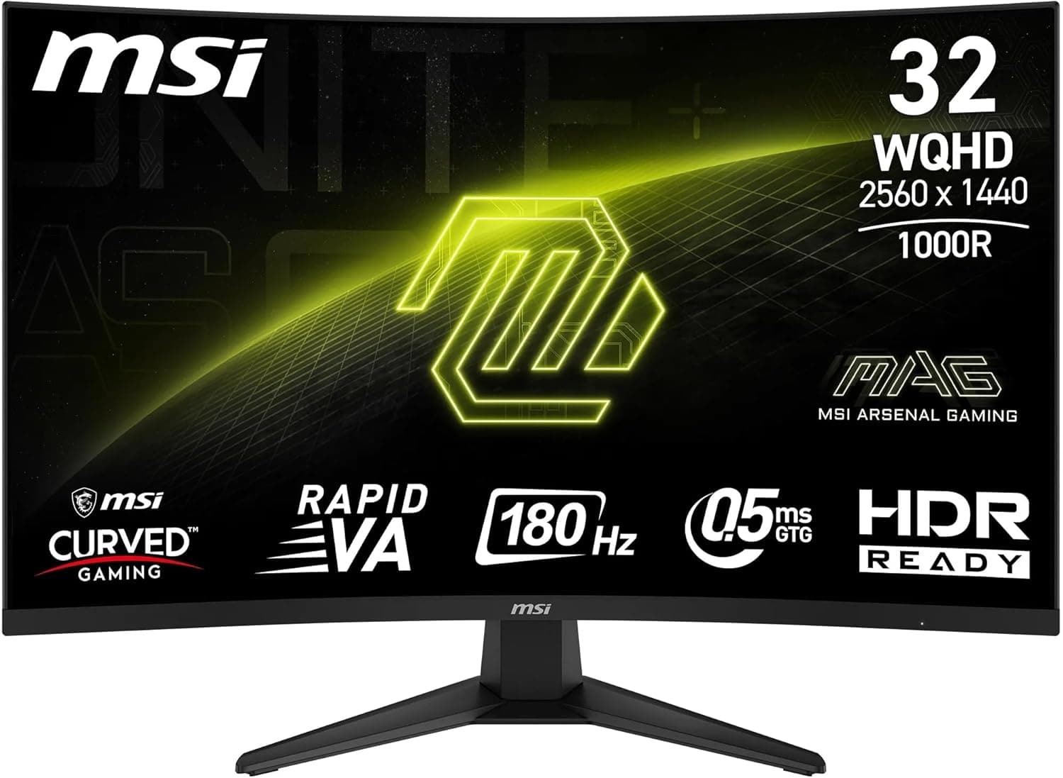 MSI mag 325CQF Monitor curvo Gaming de 32" WQHD - 1000R 2560 x 1440 Rapid VA painel, 180 Hz / 0,5 ms (GtG, Min. ), Adaptive Sync - DP 1.4a, HDMI 2.0b CE, USB Type-C (DP alt. C / 15W Pd