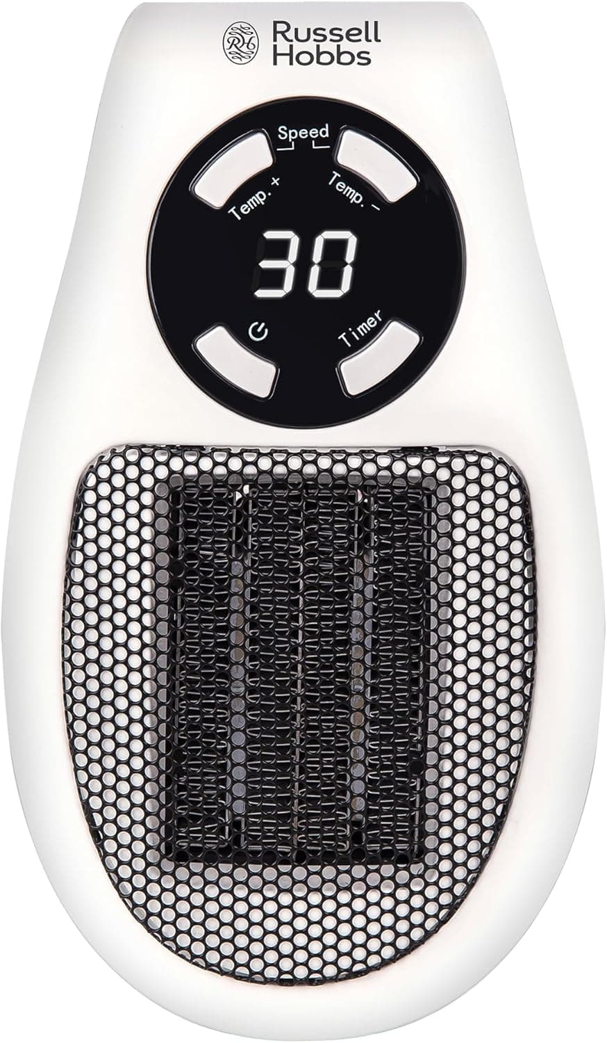 Russell Hobbs RHPH2001 Aquecedor de tomada de cerâmica de 500 W, termostato ajustável, temporizador de 12 horas e ecrã LED, 2 velocidades de ventilador, cor branca