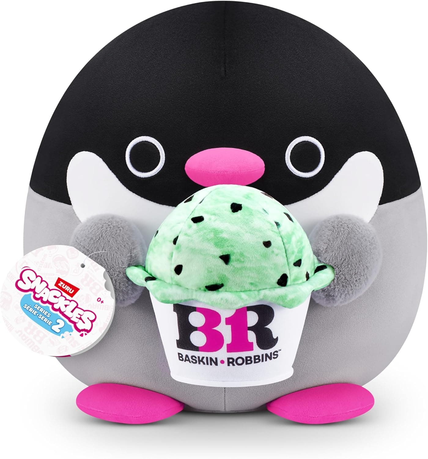 Snackles Série 2 de 20 cm ZURU boneco macio e acolchoado de peluche 20 cm com acessório de Snack de marca licenciada, Penguin (Baskin Robbin)
