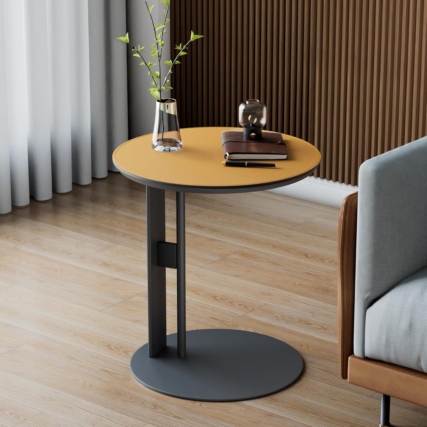 Artloge Mesa auxiliar redonda de superfície de couro: Mesa lateral de metal moderna luxuosa para candeeiro café sala sofá 46 x 46 x 50 cm