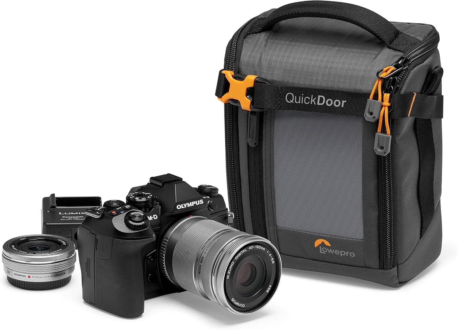 Lowepro GearUp Creator Box Medium II Saco para câmara sem espelho e SLR digital, com acesso rápido, feito de tecidos reciclados, divisória interior acolchoada de cor laranja, cinzento