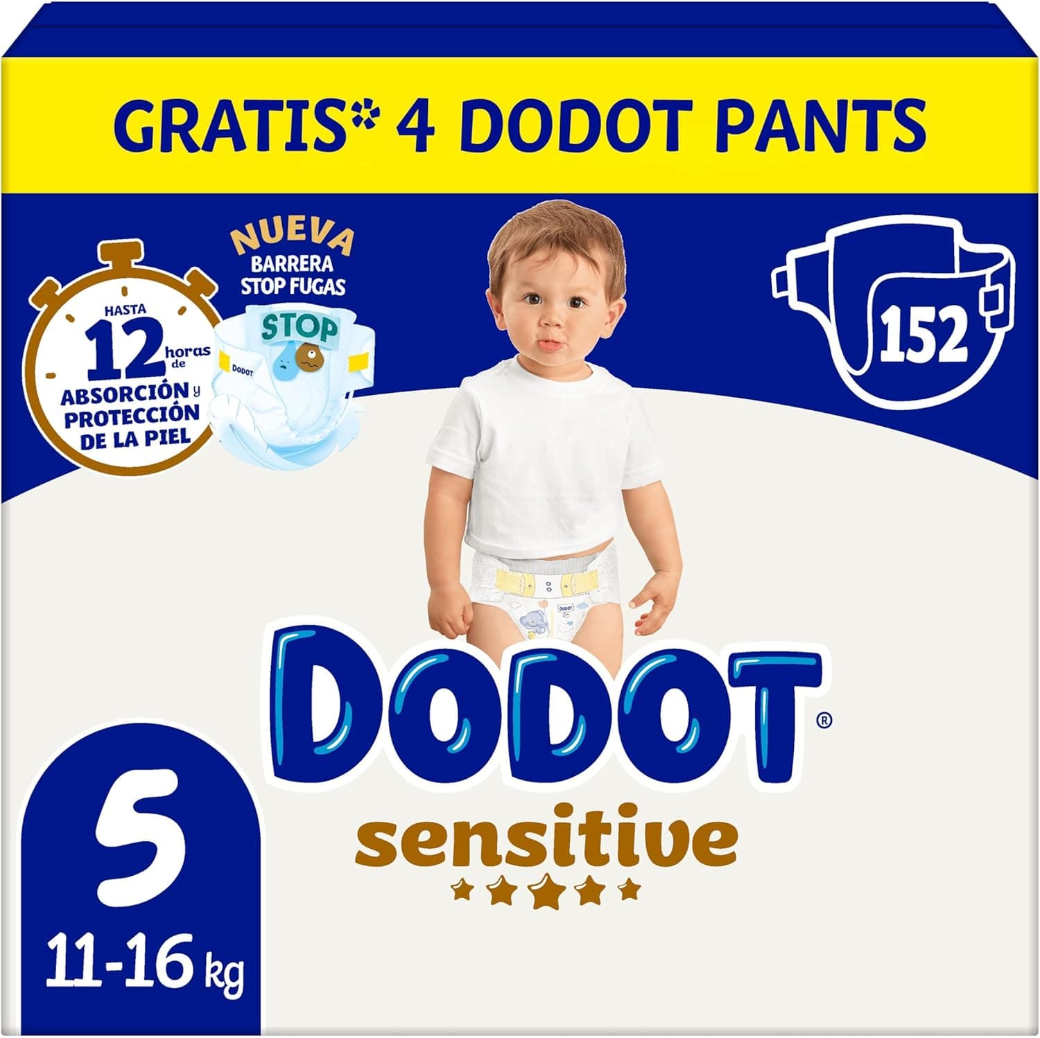 Dodot Sensitive tamanho 5, 152 fraldas para bebé, 12 kg-17 kg, até 12 h de proteção contra fugas e proteção para a pele