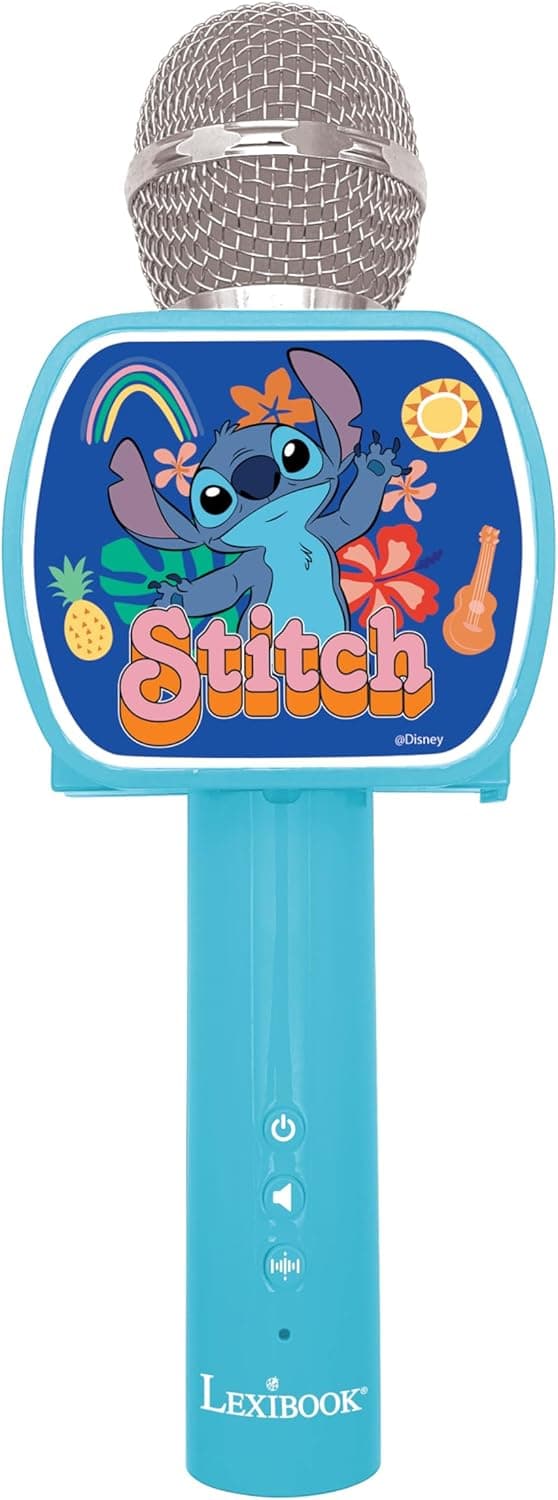 Lexibook, Disney Stitch, microfone Bluetooth com função de mudança de voz, altifalante incorporado, suporte para telefone incluído, cor azul, tamanho único (MIC240D)