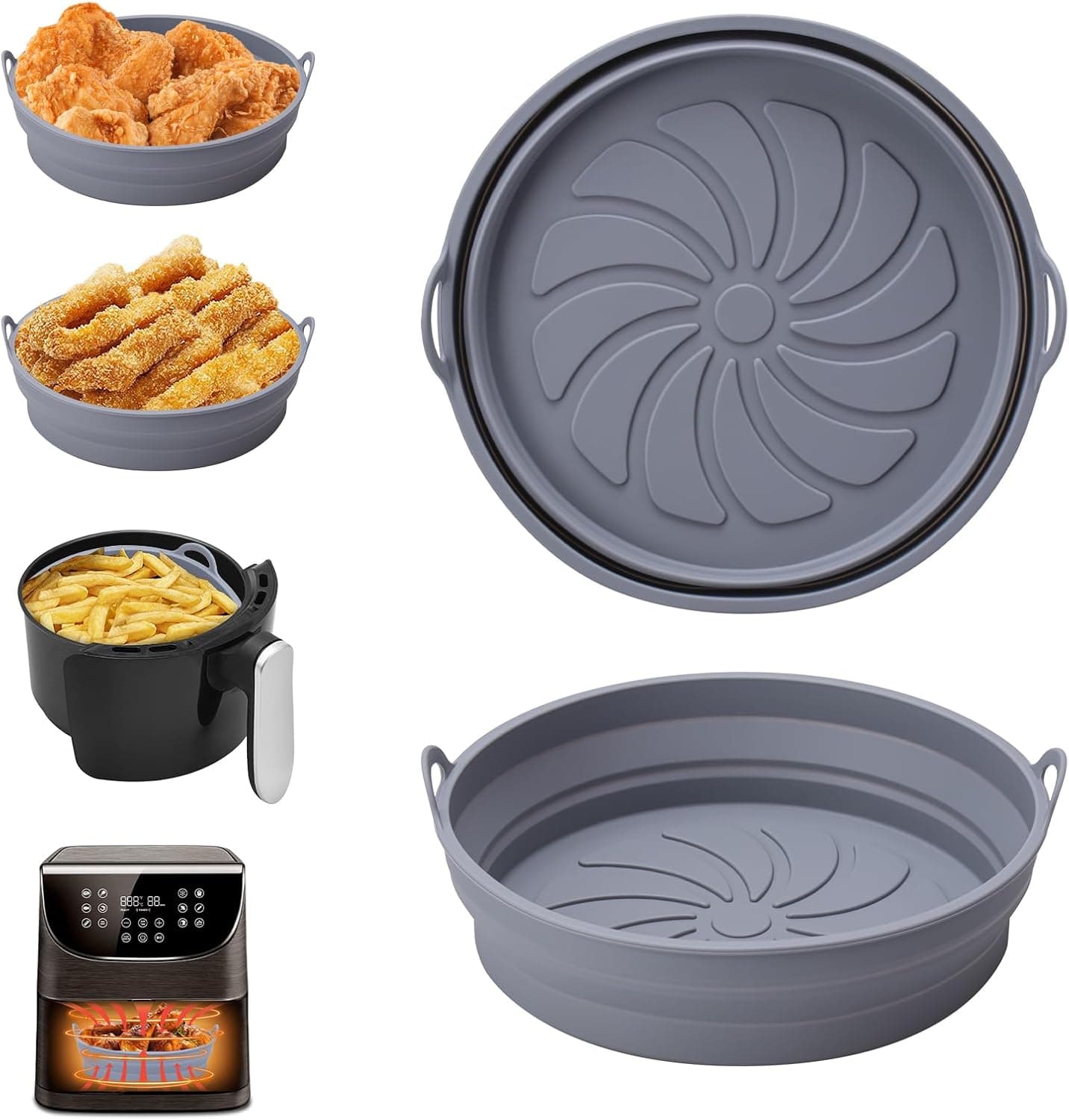 Alyvisun 2 peças acessórios de óleo molde de silicone fritadeira de ar reutilizável recipientes bandeja redonda utensílios cesta para ar Fryer, micro-ondas, forno (cinzento)