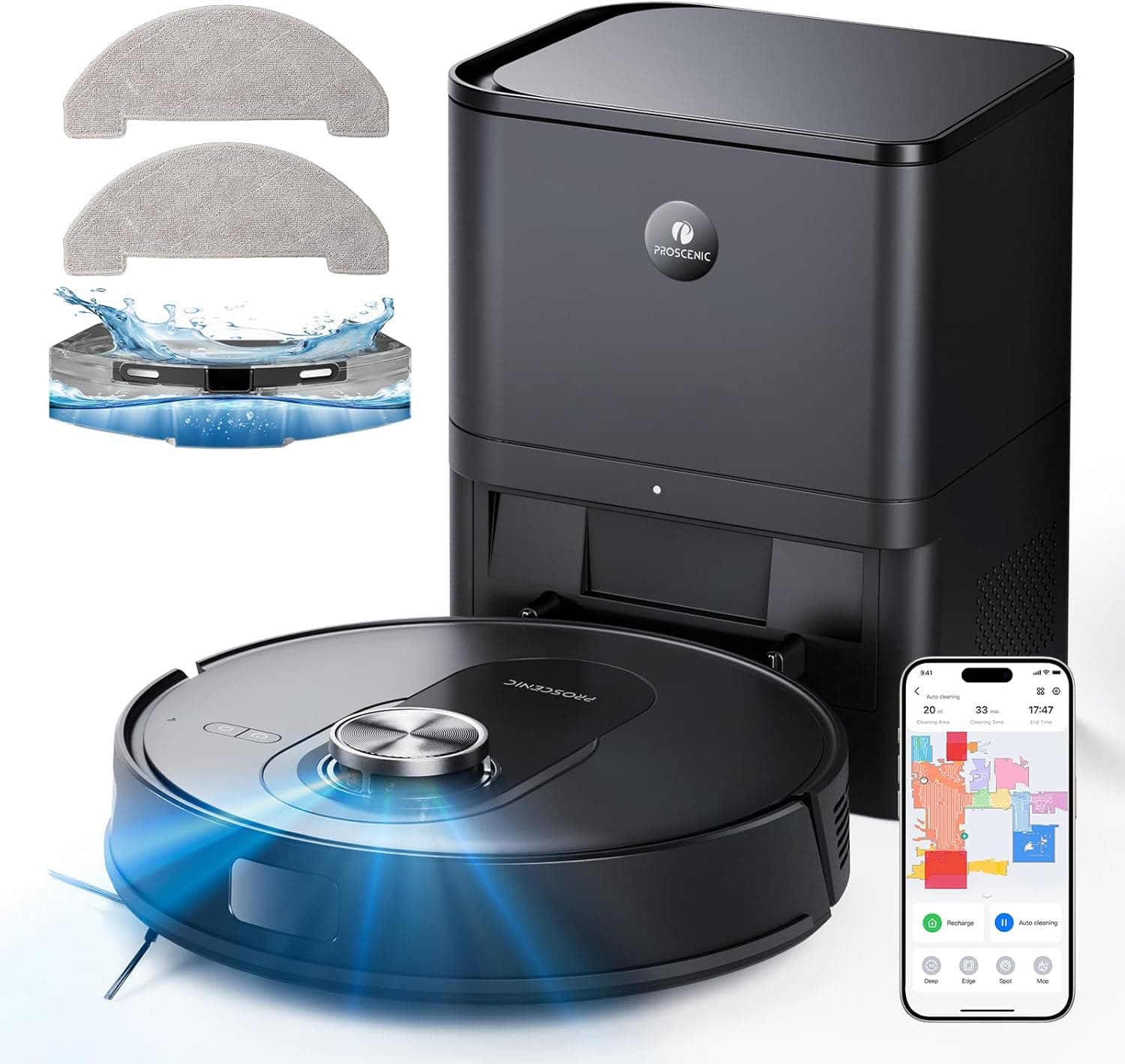 Proscenic Q8 MAX Robot aspirador com estação de sucção e função de limpeza, potência sucção 5000 Pa, saco para pó de 3 l, tanque de água de 250 ml, controlo de voz por App Alexa Google Siri FTTT